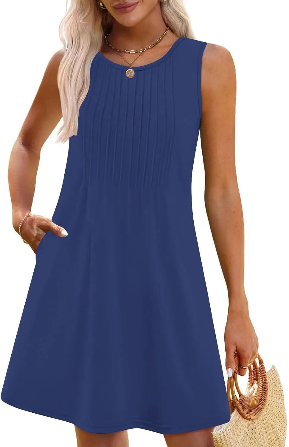 Women's Summer Trendy Casual Solid Sleeveless Round Neck Pleasted Dress - Flowy Boho Mini Dresses for Daliy