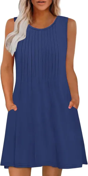 Women's Summer Trendy Casual Solid Sleeveless Round Neck Pleasted Dress - Flowy Boho Mini Dresses for Daliy