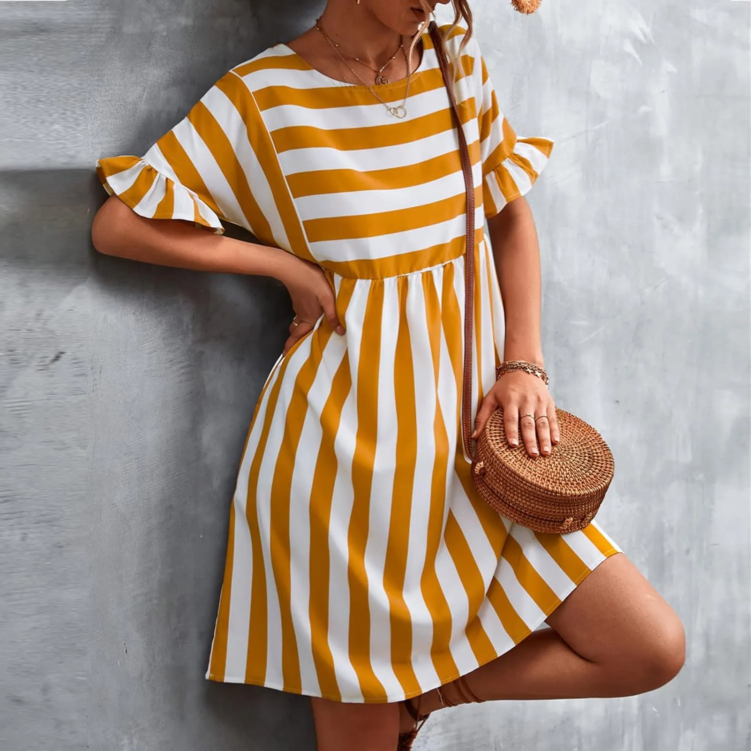 Womens Summer Tshirt Dress Trendy Striped Short Ruffle Sleeve Round Neck Work Waist Mini Dresses with Pockets