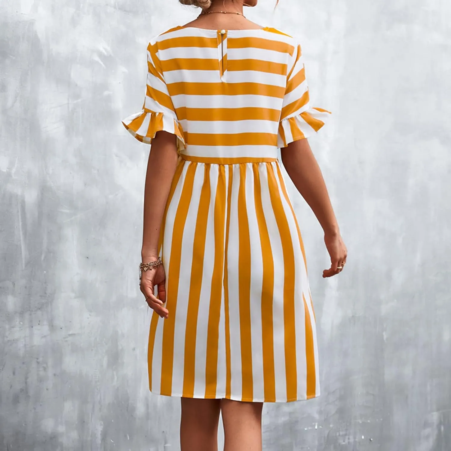 Womens Summer Tshirt Dress Trendy Striped Short Ruffle Sleeve Round Neck Work Waist Mini Dresses with Pockets
