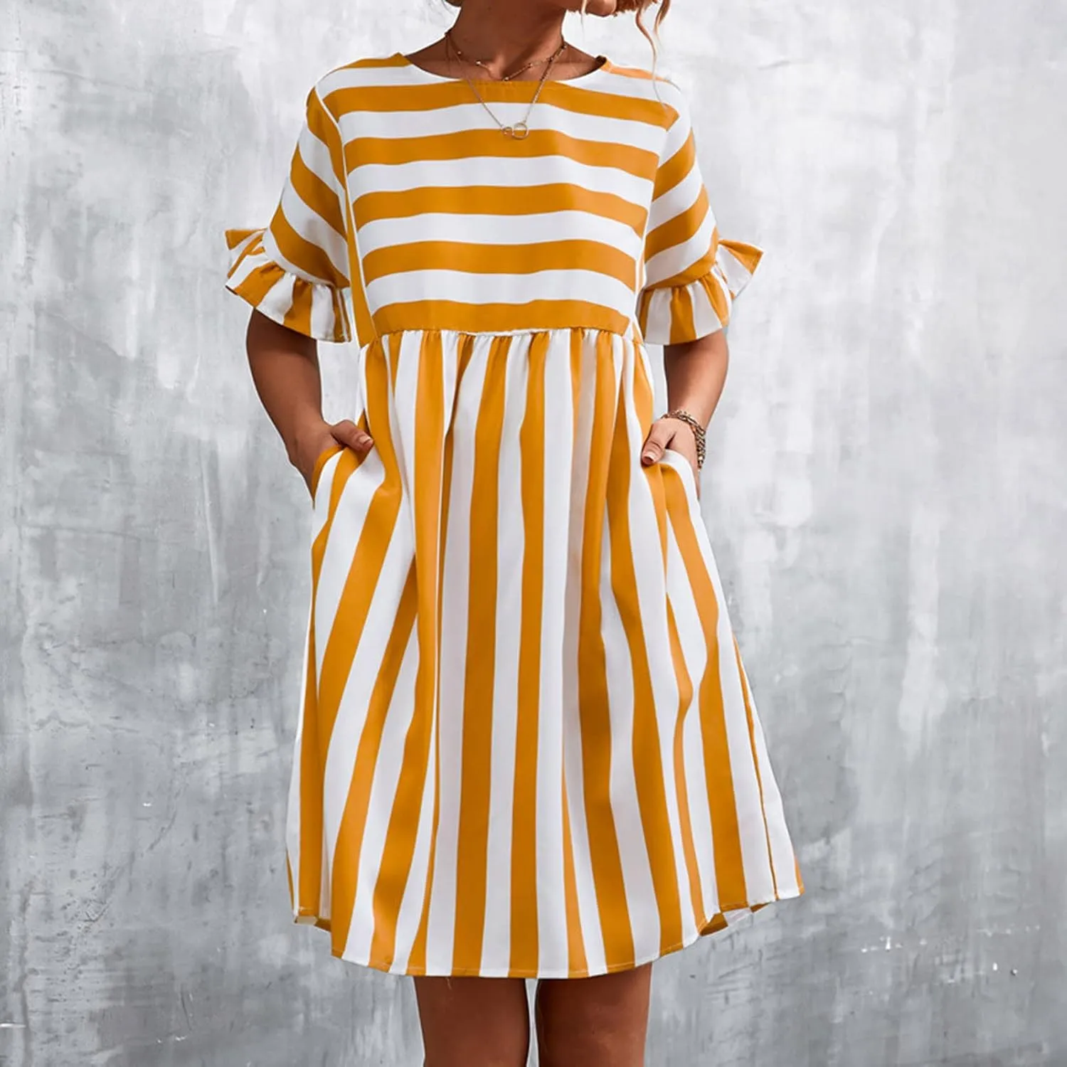 Womens Summer Tshirt Dress Trendy Striped Short Ruffle Sleeve Round Neck Work Waist Mini Dresses with Pockets