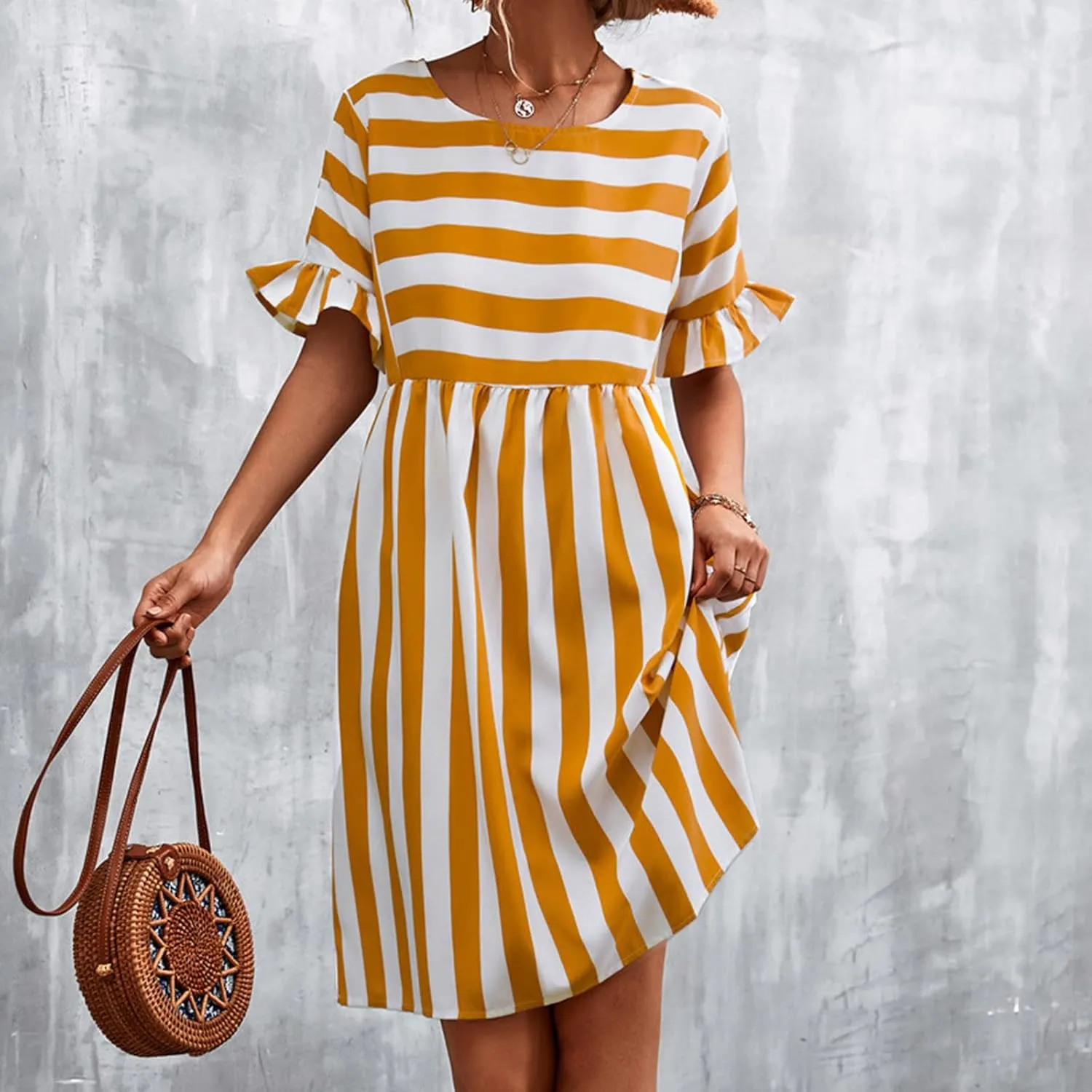 Womens Summer Tshirt Dress Trendy Striped Short Ruffle Sleeve Round Neck Work Waist Mini Dresses with Pockets