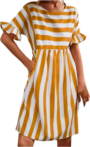 Womens Summer Tshirt Dress Trendy Striped Short Ruffle Sleeve Round Neck Work Waist Mini Dresses with Pockets