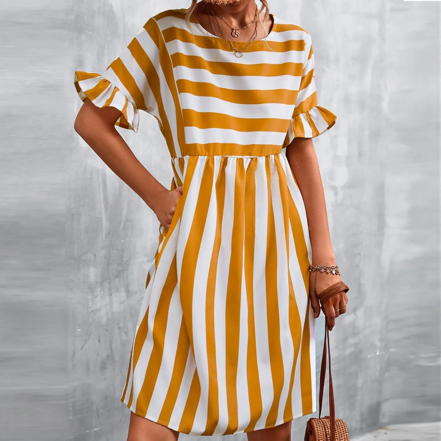 Womens Summer Tshirt Dress Trendy Striped Short Ruffle Sleeve Round Neck Work Waist Mini Dresses with Pockets