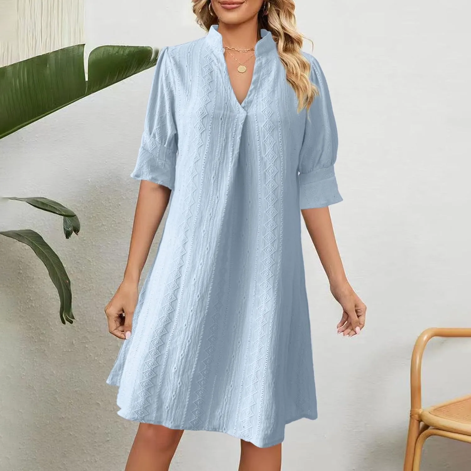 Womens Summer V Neck Dress Short Sleeve Smocked Work Mini Dresses Casual Loose Beach Vacation A-Line Short Dress