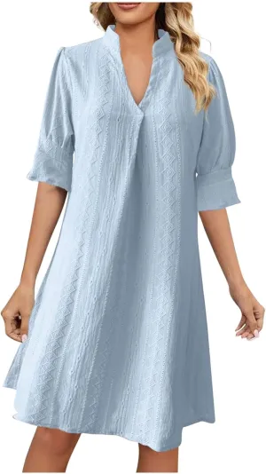 Womens Summer V Neck Dress Short Sleeve Smocked Work Mini Dresses Casual Loose Beach Vacation A-Line Short Dress