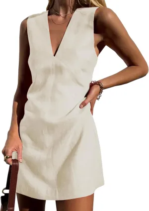Womens Summer Vintage Dress Sleeveless Mini Dress Cotton Linen V Neck Short Sundress Beach Streetwear