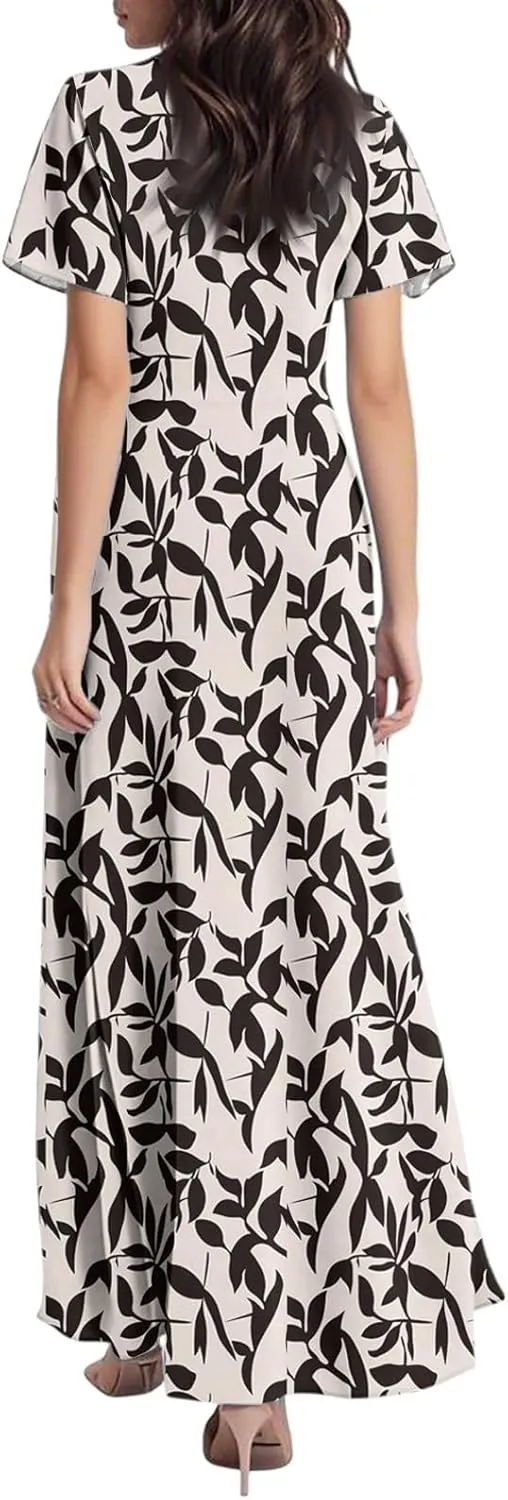 Women's Sundresses 2025 Summer Casual Loose Trendy Short Sleeve V-Neck Floral Printed Beach Maxi Dress, XS-2XL