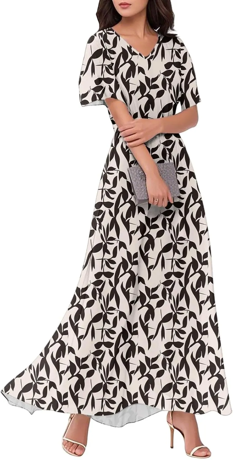 Women's Sundresses 2025 Summer Casual Loose Trendy Short Sleeve V-Neck Floral Printed Beach Maxi Dress, XS-2XL