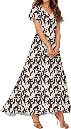 Women's Sundresses 2025 Summer Casual Loose Trendy Short Sleeve V-Neck Floral Printed Beach Maxi Dress, XS-2XL