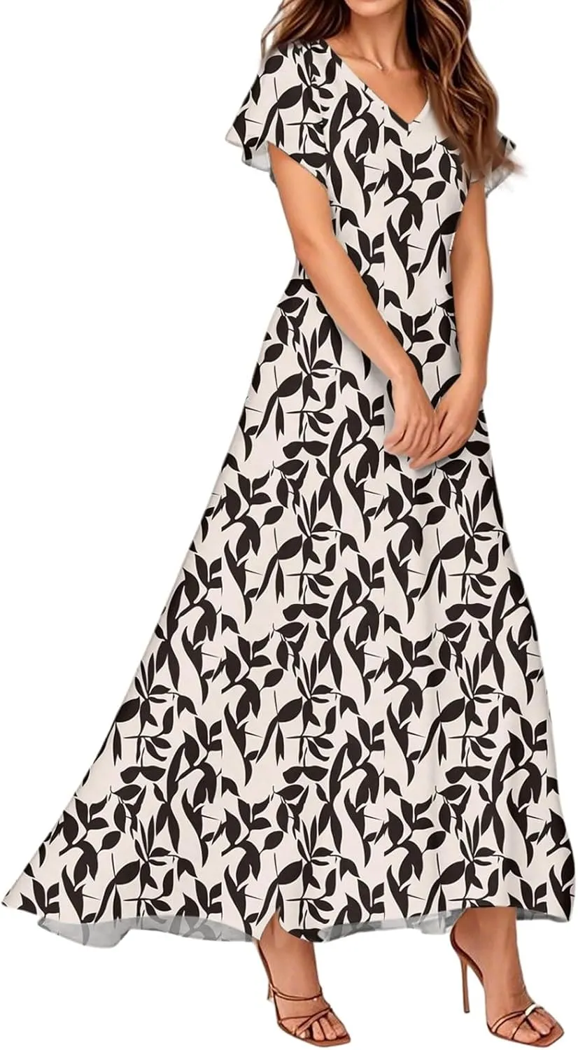 Women's Sundresses 2025 Summer Casual Loose Trendy Short Sleeve V-Neck Floral Printed Beach Maxi Dress, XS-2XL