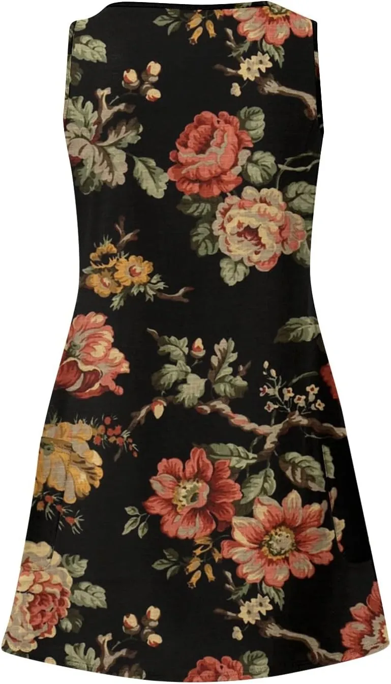 Women's Sundresses 2025 Summer Casual Loose Trendy Sleeveless V-Neck Floral Print Boho Midi Dress, S-3XL