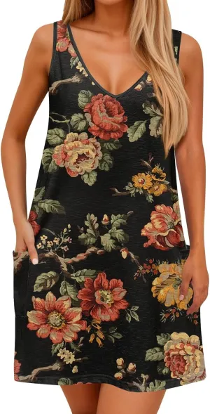 Women's Sundresses 2025 Summer Casual Loose Trendy Sleeveless V-Neck Floral Print Boho Midi Dress, S-3XL