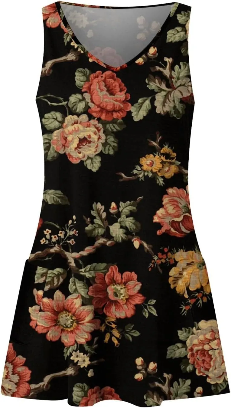 Women's Sundresses 2025 Summer Casual Loose Trendy Sleeveless V-Neck Floral Print Boho Midi Dress, S-3XL
