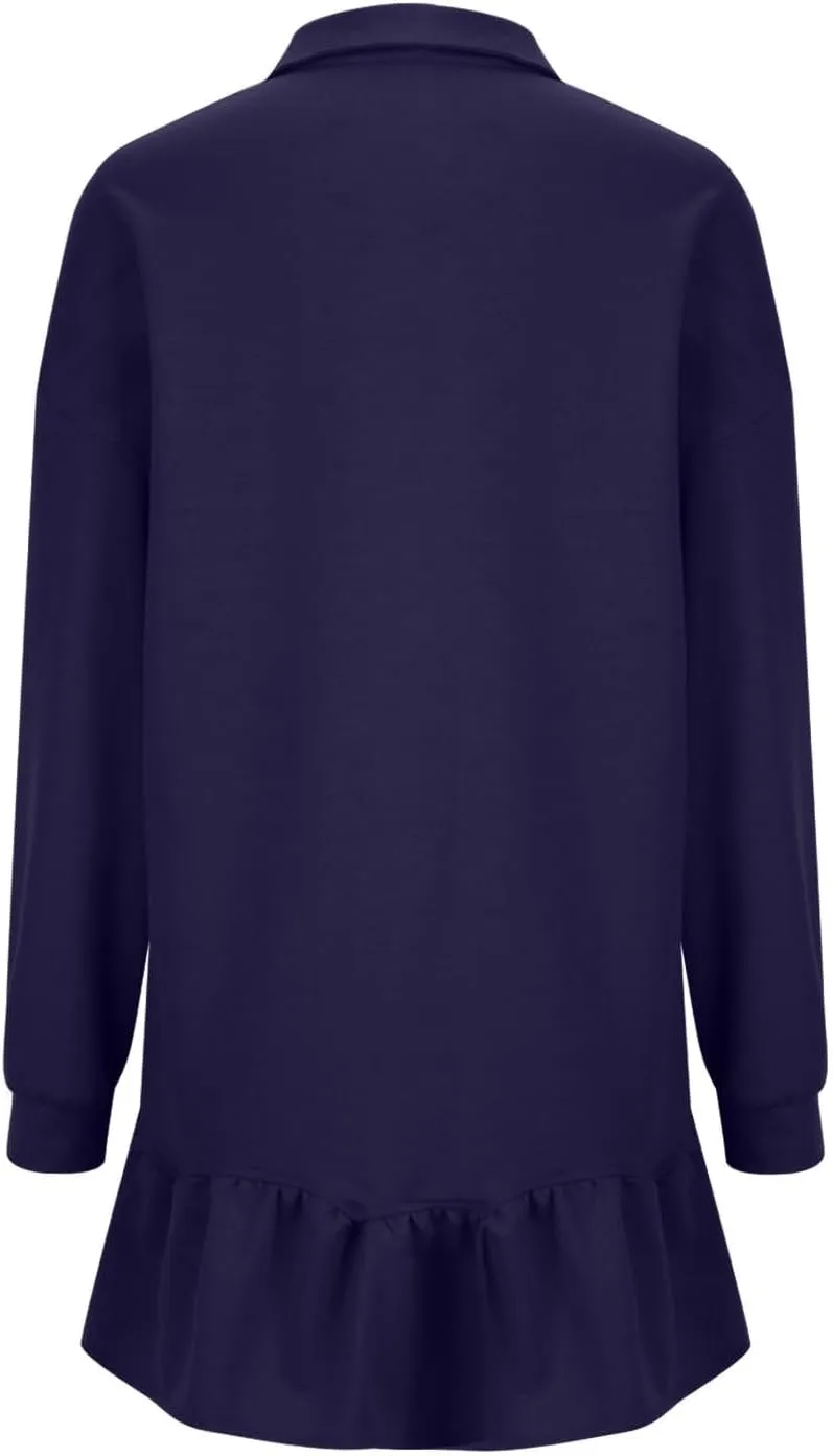 Womens Sweatshirt Dress Oversized Long Sleeve V Neck Button Pullover Tops Flowy Ruffle Patchwork Mini Dress