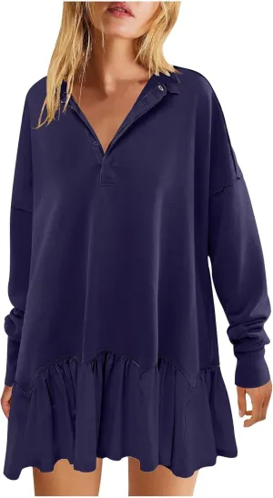 Womens Sweatshirt Dress Oversized Long Sleeve V Neck Button Pullover Tops Flowy Ruffle Patchwork Mini Dress