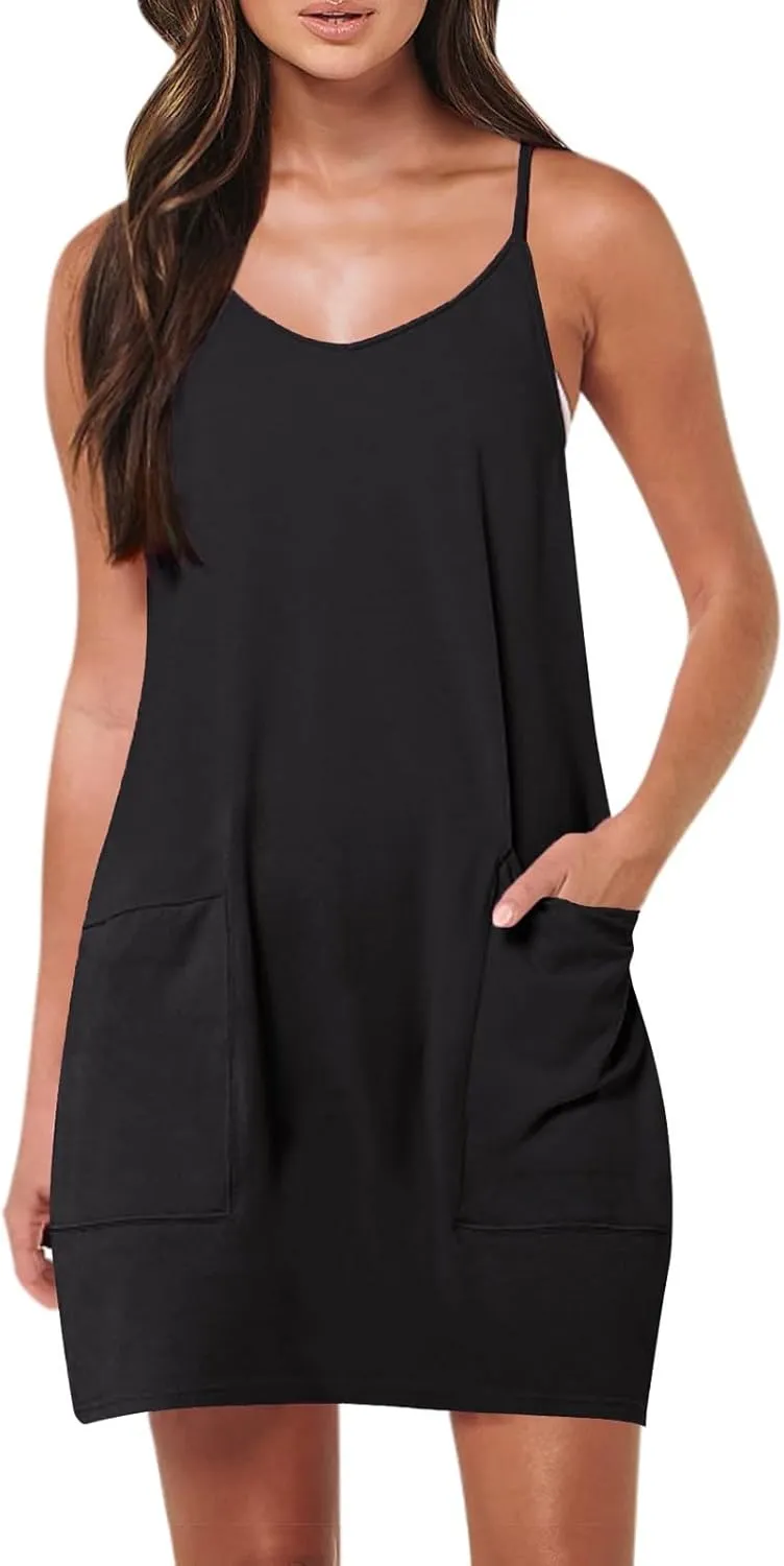 Womens Tank Dresses 2025 Summer Sleeveless Solid Color Sundress Casual A Line Beach Vacation Midi Dress with Pockets