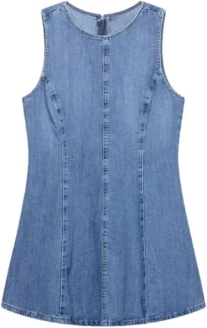 Women's Temperament Denim Wave Wide Swing Round Neck Sleeveless Short Jeans Dress