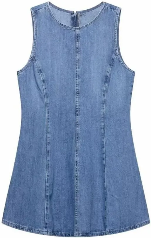 Women's Temperament Denim Wave Wide Swing Round Neck Sleeveless Short Jeans Dress