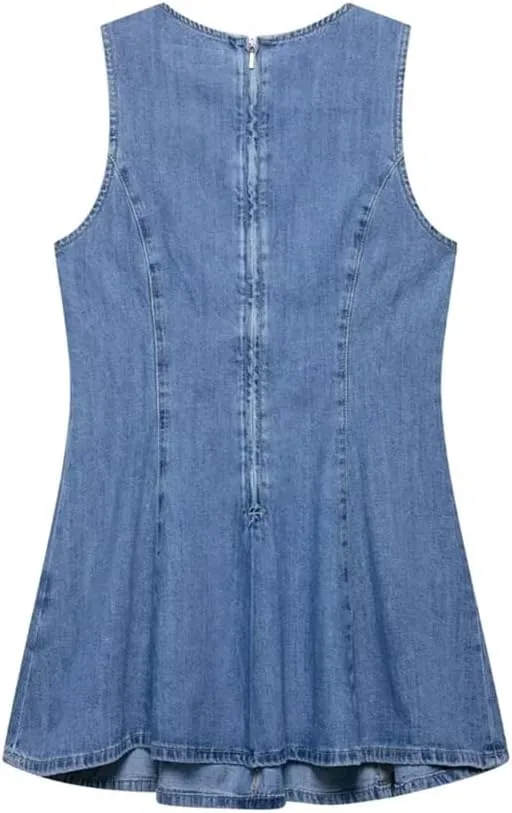 Women's Temperament Denim Wave Wide Swing Round Neck Sleeveless Short Jeans Dress