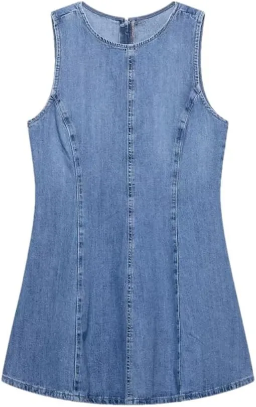 Women's Temperament Denim Wave Wide Swing Round Neck Sleeveless Short Jeans Dress