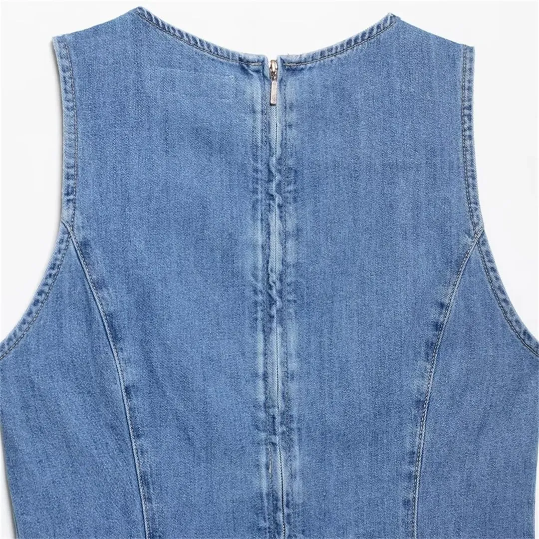 Women's Temperament Denim Wave Wide Swing Round Neck Sleeveless Short Jeans Dress