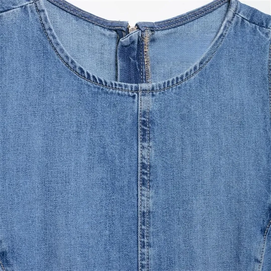 Women's Temperament Denim Wave Wide Swing Round Neck Sleeveless Short Jeans Dress