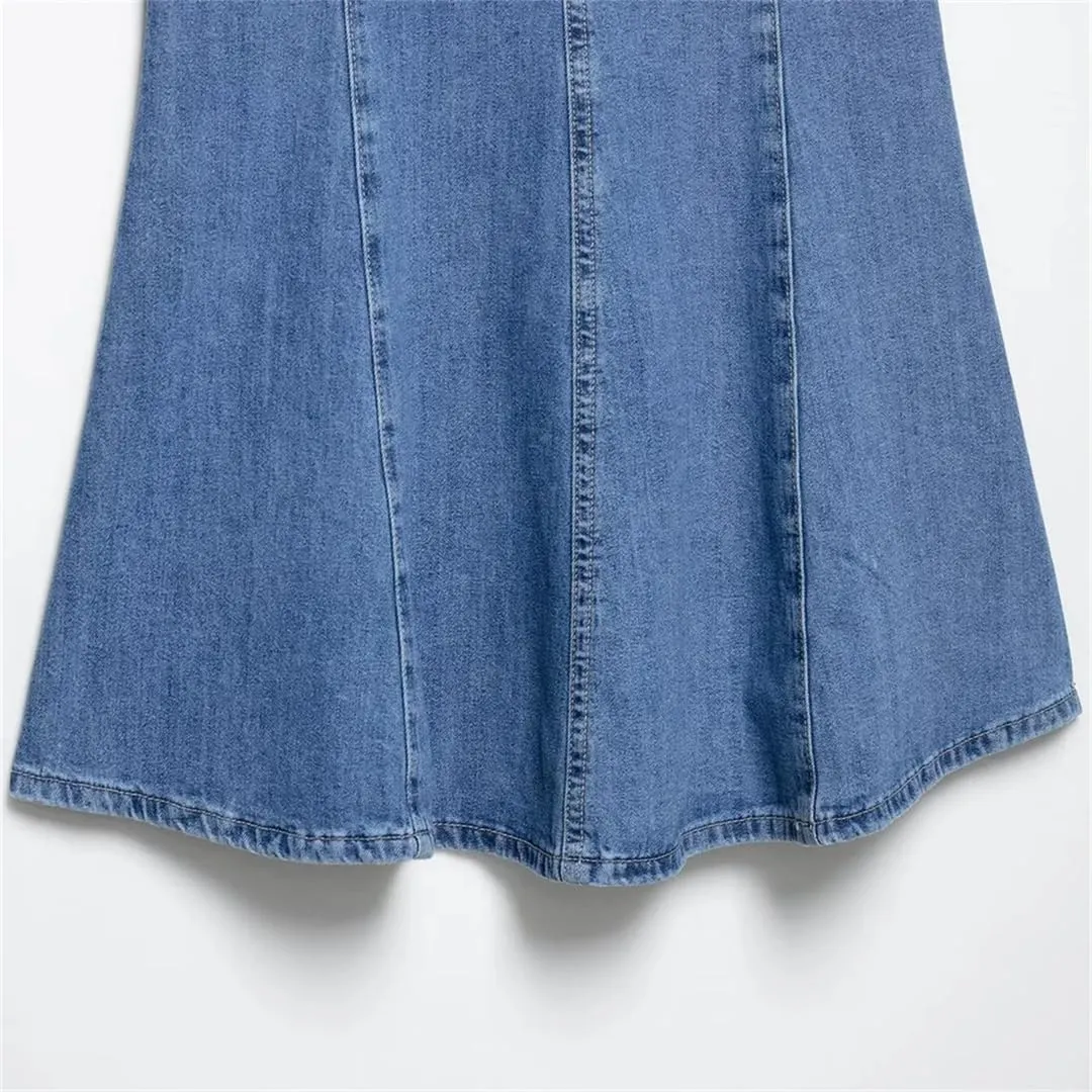 Women's Temperament Denim Wave Wide Swing Round Neck Sleeveless Short Jeans Dress