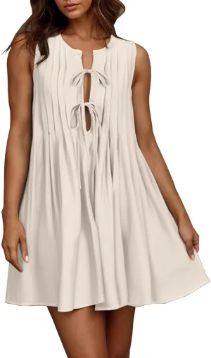 Women's Tie Front Mini Dress Pleated Swing Beach Vacation Sundress 2025 Sleeveless Summer Tank Dresses