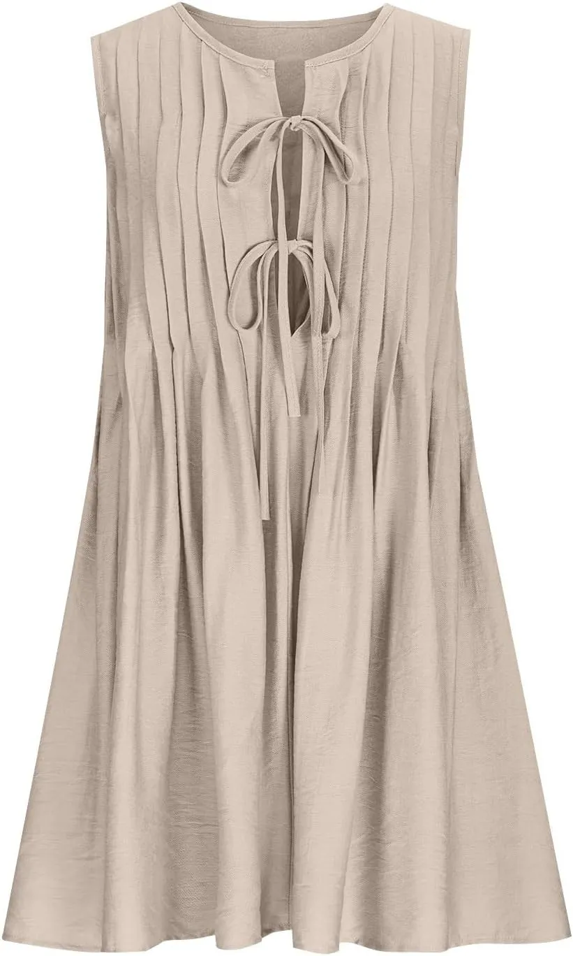 Women's Tie Front Mini Dress Pleated Swing Beach Vacation Sundress 2025 Sleeveless Summer Tank Dresses