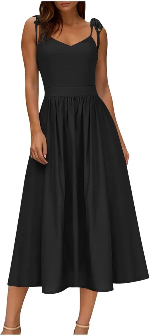 Womens Tie Shoulder Midi Dresses Spaghetti Strap V Neck Backless High Waist Pleated A Line Dress Summer Beach Sundress