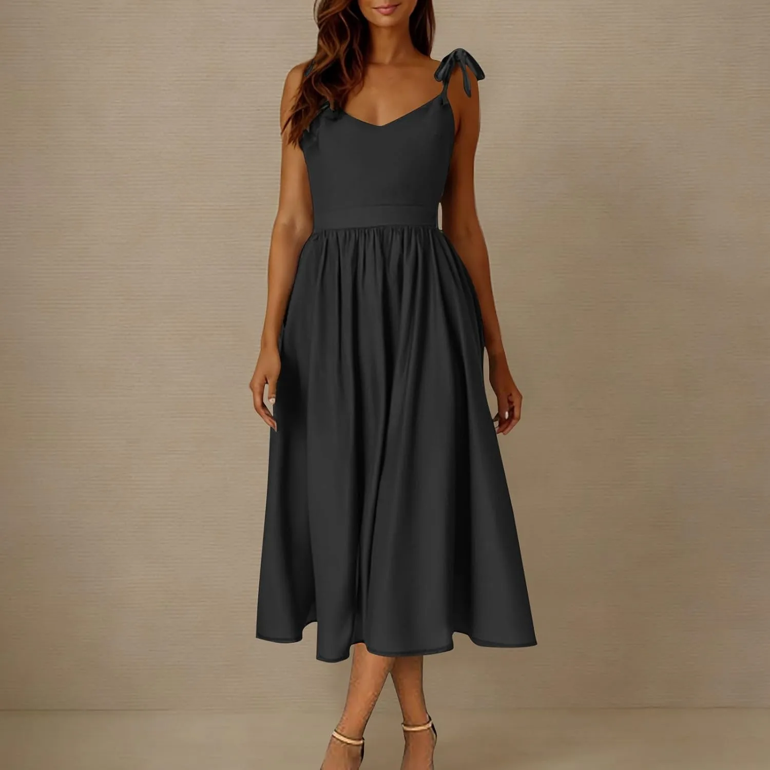 Womens Tie Shoulder Midi Dresses Spaghetti Strap V Neck Backless High Waist Pleated A Line Dress Summer Beach Sundress