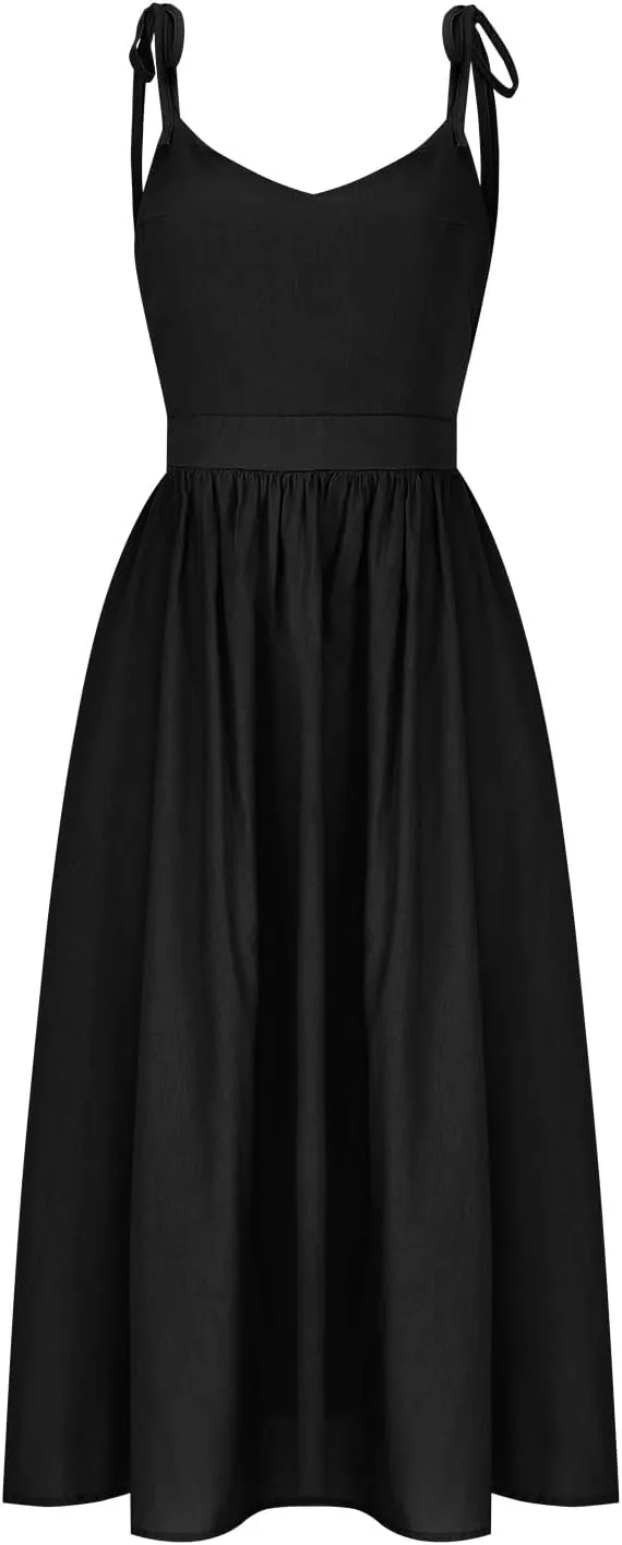 Womens Tie Shoulder Midi Dresses Spaghetti Strap V Neck Backless High Waist Pleated A Line Dress Summer Beach Sundress