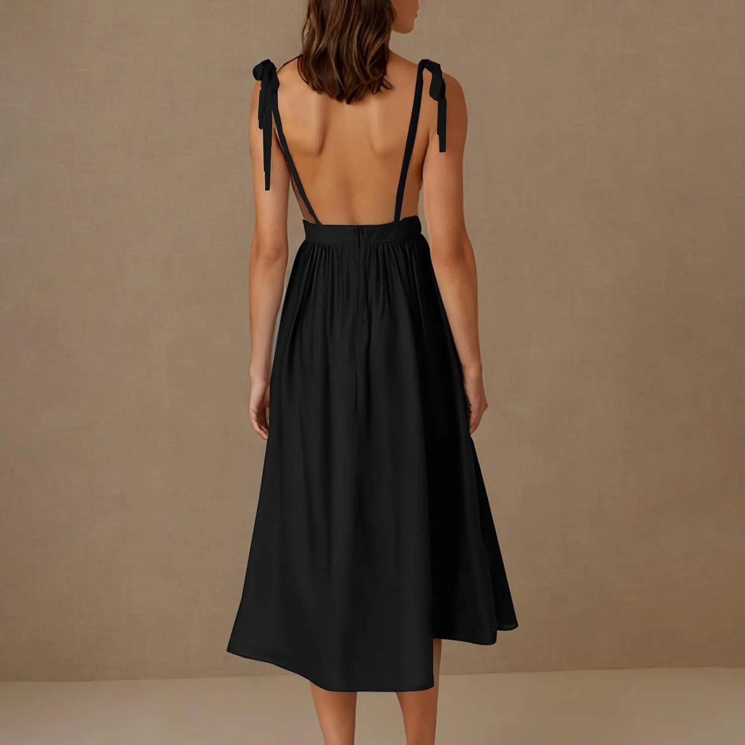Womens Tie Shoulder Midi Dresses Spaghetti Strap V Neck Backless High Waist Pleated A Line Dress Summer Beach Sundress