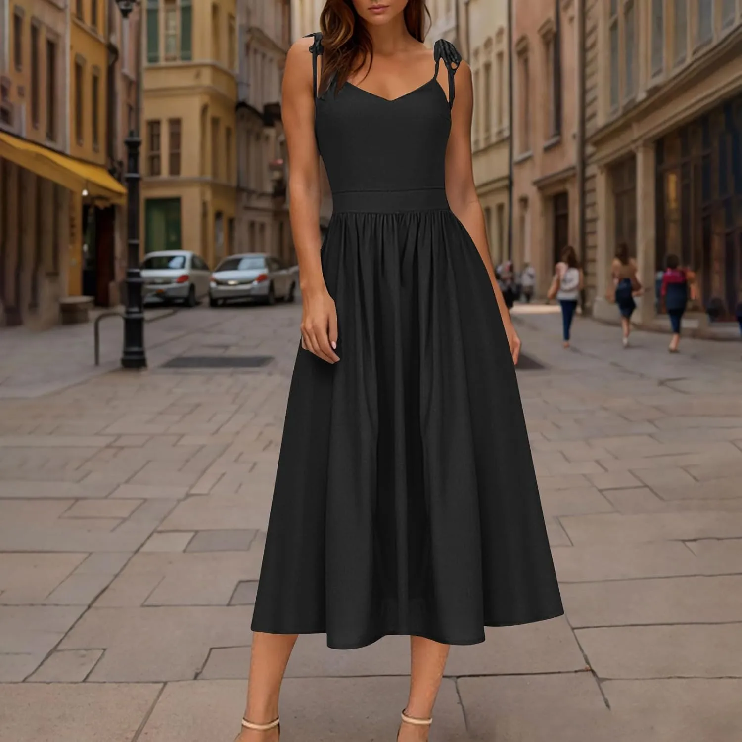 Womens Tie Shoulder Midi Dresses Spaghetti Strap V Neck Backless High Waist Pleated A Line Dress Summer Beach Sundress