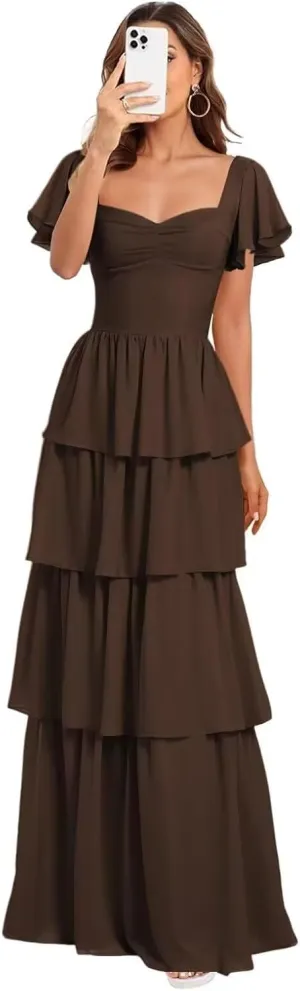 Women's Tiered Bridesmaid Dresses with Sleeves Chiffon Ruffles Prom Dress for Teens Sweetheart A-Line Formal Party Gowns