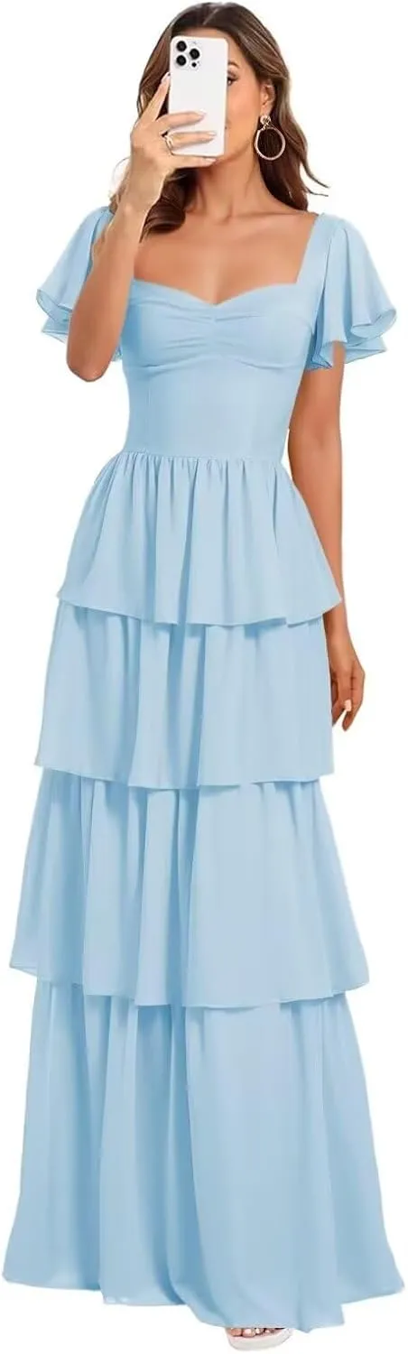 Women's Tiered Bridesmaid Dresses with Sleeves Chiffon Ruffles Prom Dress for Teens Sweetheart A-Line Formal Party Gowns