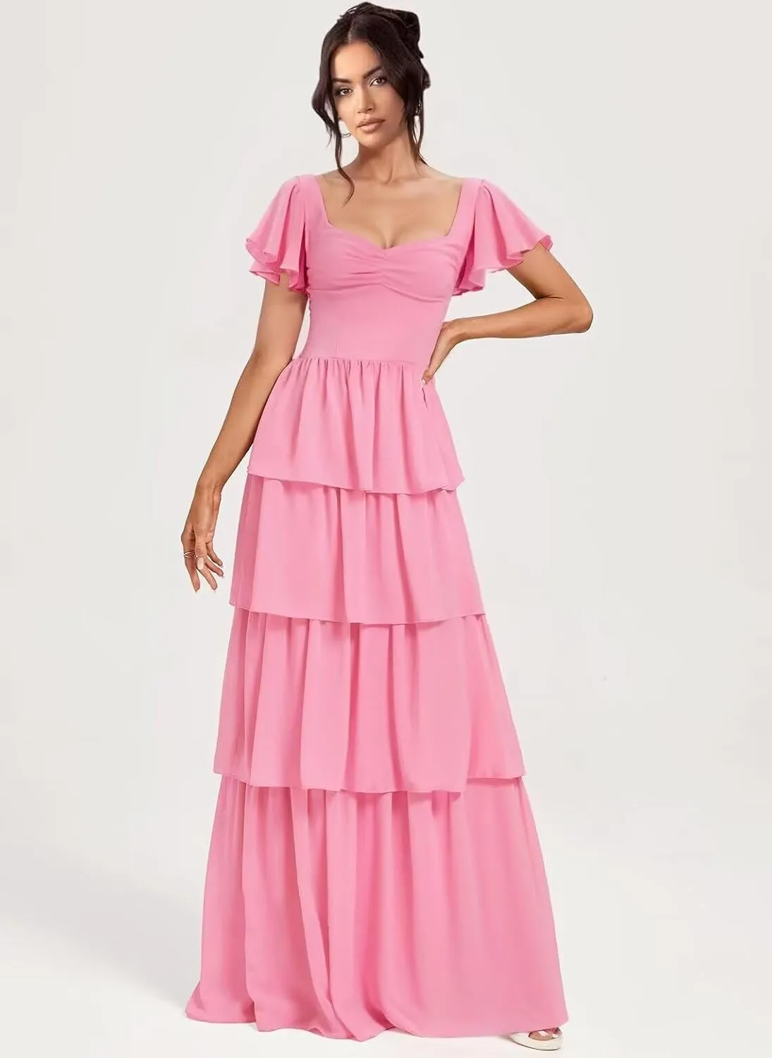 Women's Tiered Bridesmaid Dresses with Sleeves Chiffon Ruffles Prom Dress for Teens Sweetheart A-Line Formal Party Gowns