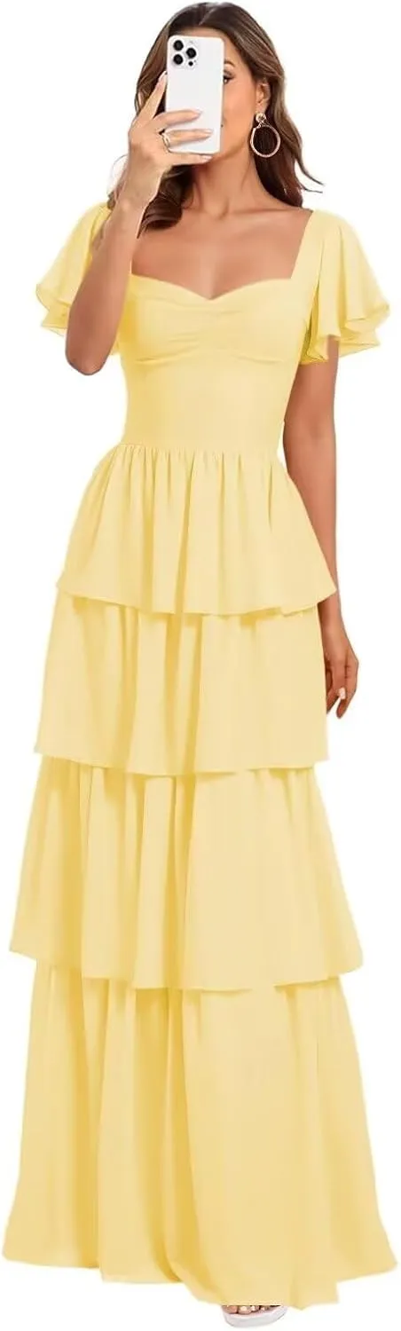 Women's Tiered Bridesmaid Dresses with Sleeves Chiffon Ruffles Prom Dress for Teens Sweetheart A-Line Formal Party Gowns