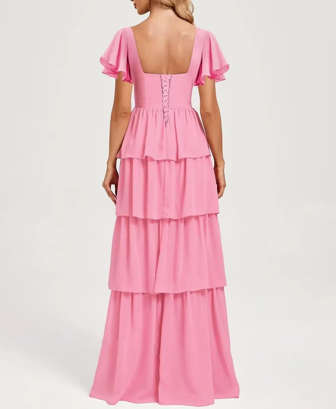 Women's Tiered Bridesmaid Dresses with Sleeves Chiffon Ruffles Prom Dress for Teens Sweetheart A-Line Formal Party Gowns