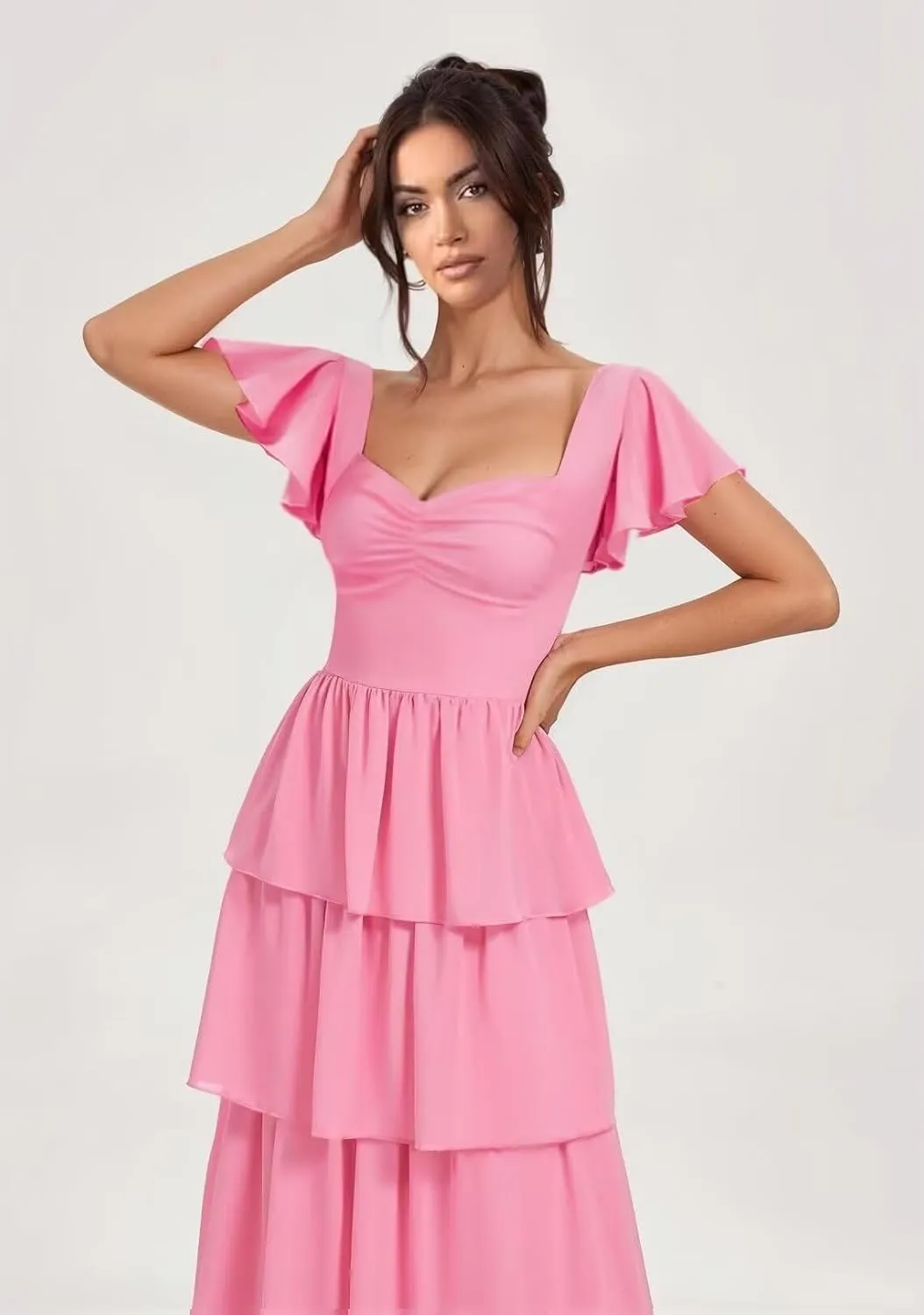 Women's Tiered Bridesmaid Dresses with Sleeves Chiffon Ruffles Prom Dress for Teens Sweetheart A-Line Formal Party Gowns