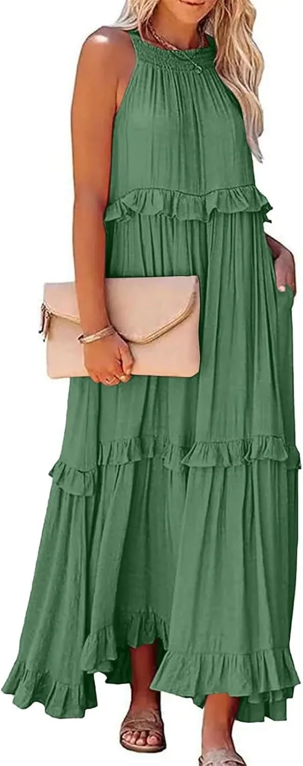 Womens Tiered Dress 2025 Summer Casual Sleeveless Tie Back Pleated Maxi Dress A Line Flowy Long Beach Sun Dresses