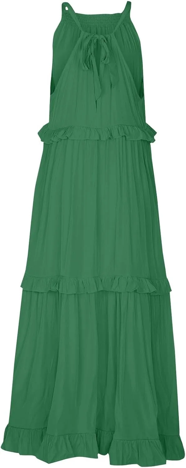 Womens Tiered Dress 2025 Summer Casual Sleeveless Tie Back Pleated Maxi Dress A Line Flowy Long Beach Sun Dresses