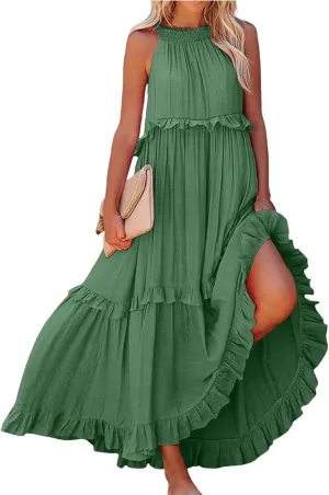 Womens Tiered Dress 2025 Summer Casual Sleeveless Tie Back Pleated Maxi Dress A Line Flowy Long Beach Sun Dresses