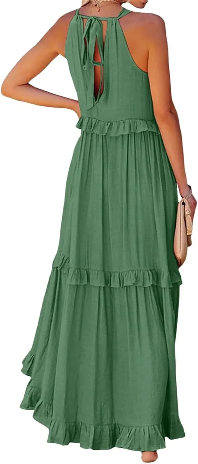 Womens Tiered Dress 2025 Summer Casual Sleeveless Tie Back Pleated Maxi Dress A Line Flowy Long Beach Sun Dresses