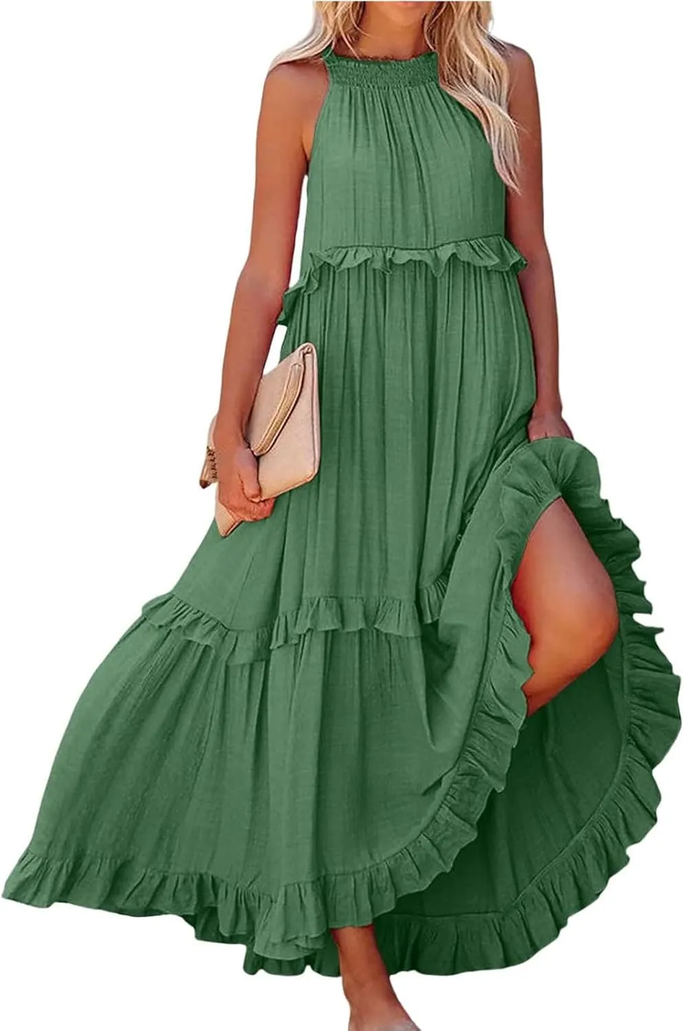 Womens Tiered Dress 2025 Summer Casual Sleeveless Tie Back Pleated Maxi Dress A Line Flowy Long Beach Sun Dresses