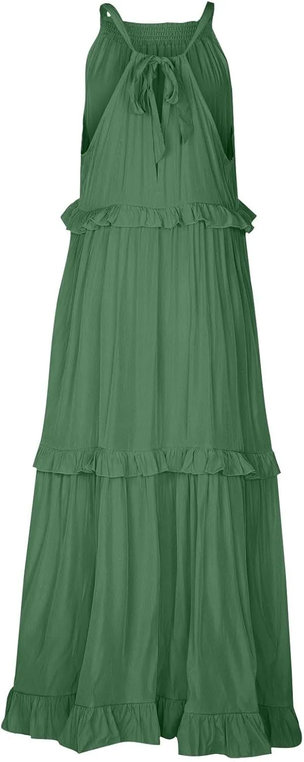 Womens Tiered Dress 2025 Summer Casual Sleeveless Tie Back Pleated Maxi Dress A Line Flowy Long Beach Sun Dresses