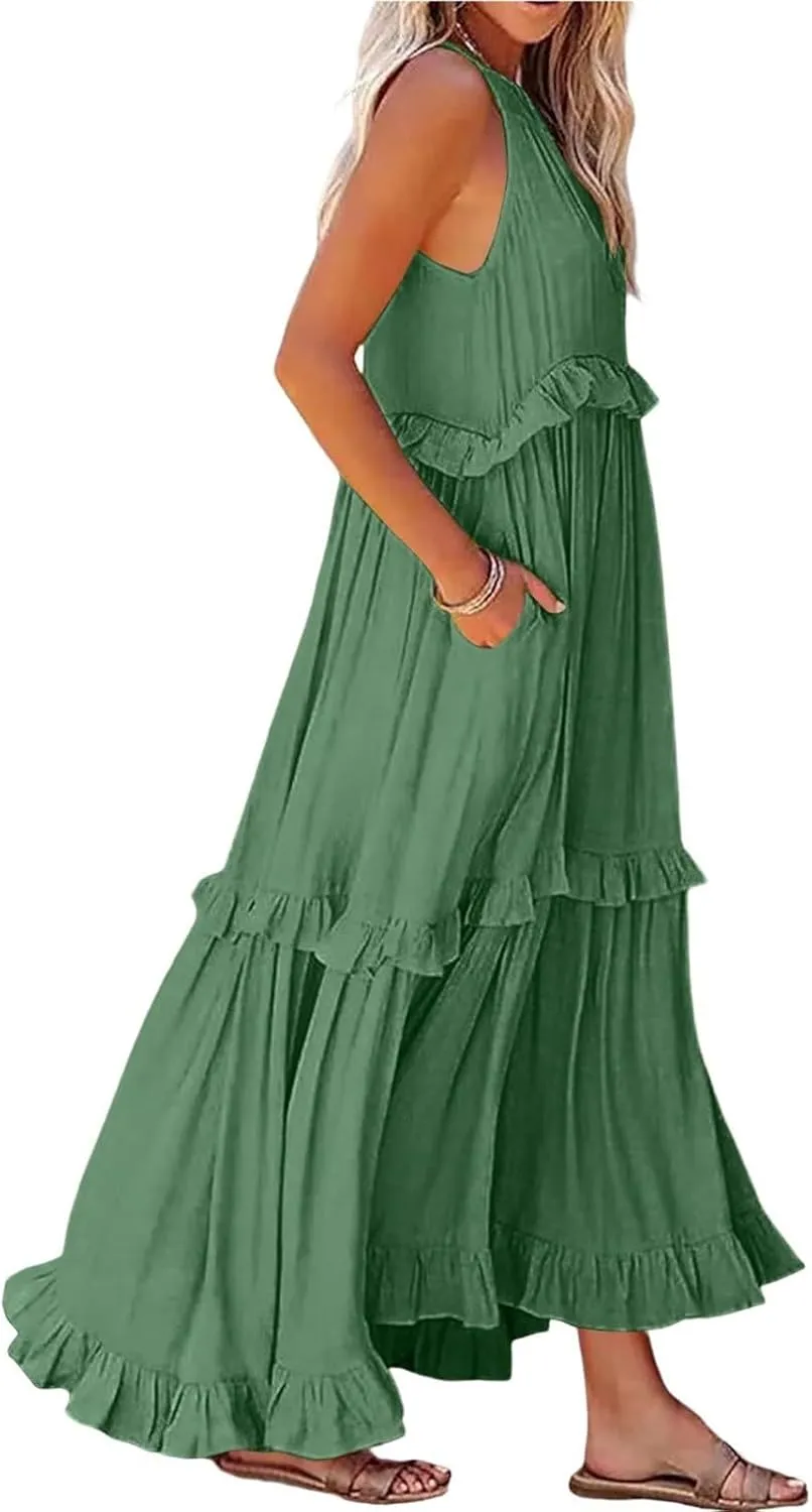 Womens Tiered Dress 2025 Summer Casual Sleeveless Tie Back Pleated Maxi Dress A Line Flowy Long Beach Sun Dresses