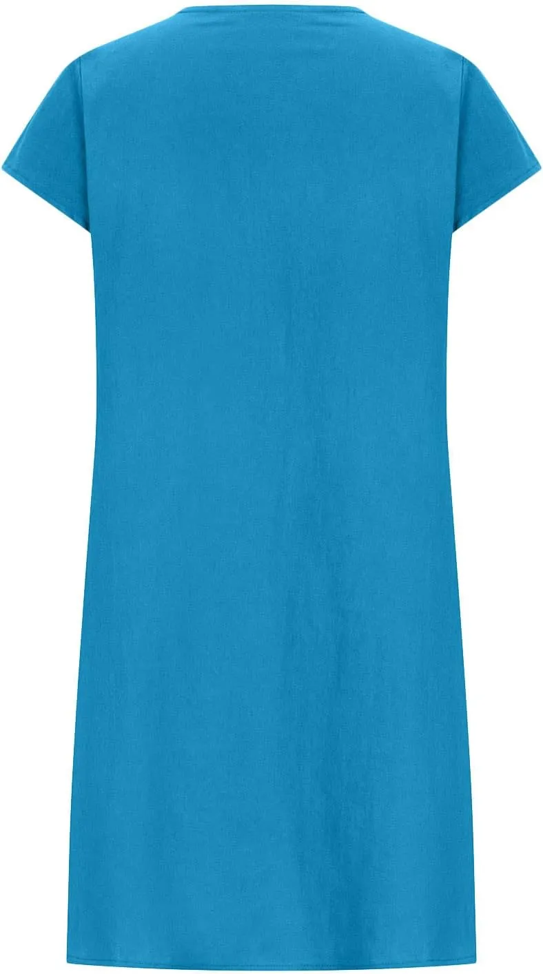 Women's Trendy Cotton and Linen Dress Crewneck Loose Fit Short Sleeve Dresses Solid Color Pleated Mini Dress 2025