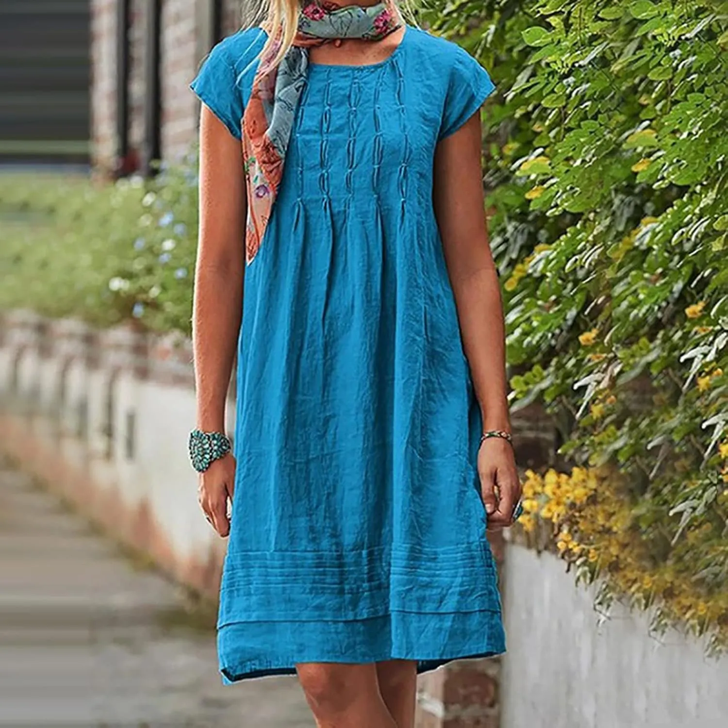 Women's Trendy Cotton and Linen Dress Crewneck Loose Fit Short Sleeve Dresses Solid Color Pleated Mini Dress 2025